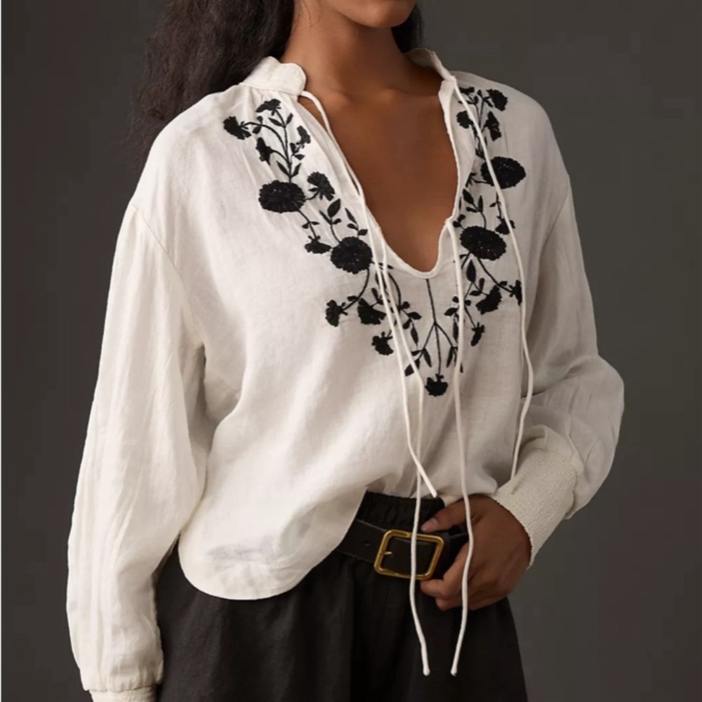 Anthropology linen embroidered top